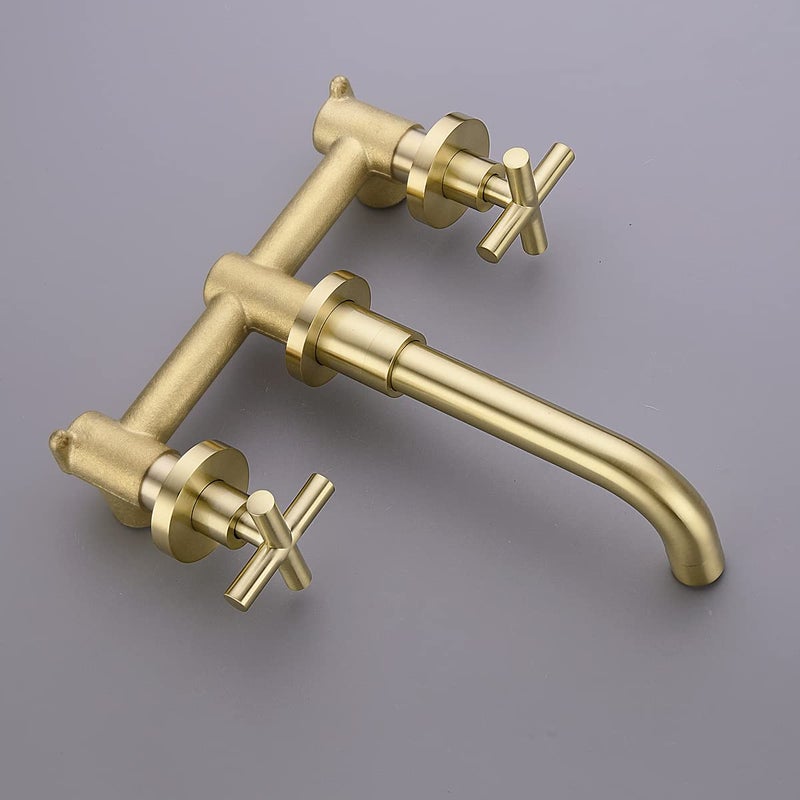 TRUSTMI Wall Mount Brushed Gold Bathroom Faucet, 2 Cross Handle Concealed Vessel Sink Faucet with Brass Rough-in Valve, 8.18" Swivel Spout, Floating Installation Height - Image 4